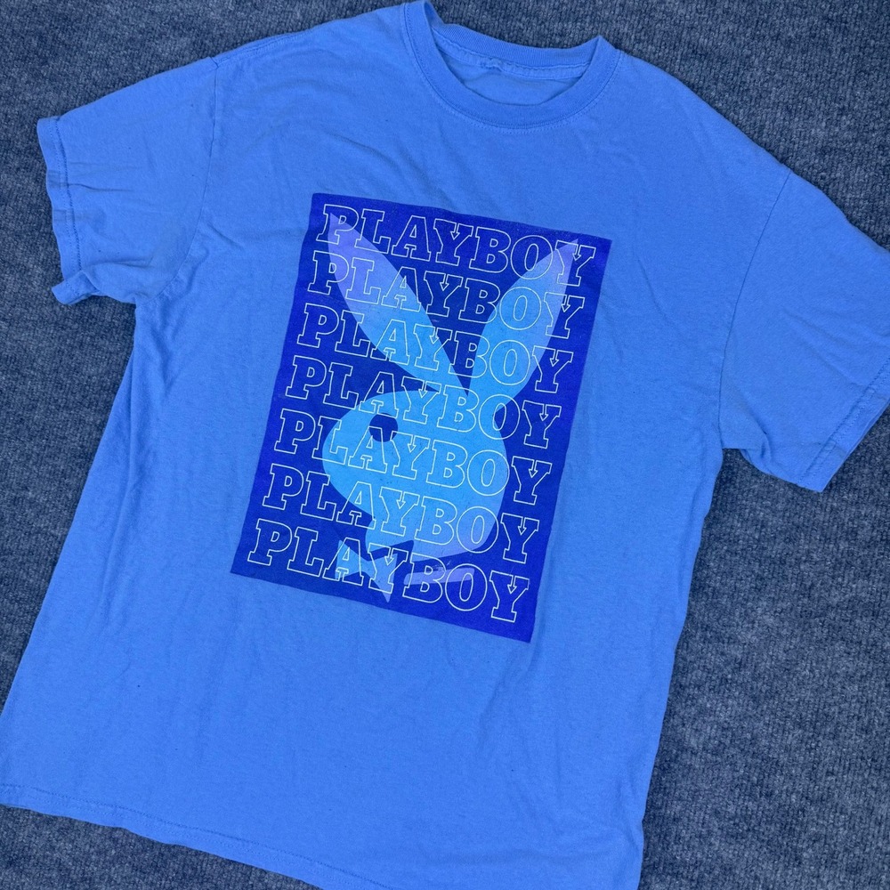 Playboy Bunny‎ Logo Graphic T Shirt Light Blue Mens Streetwear Size Medium